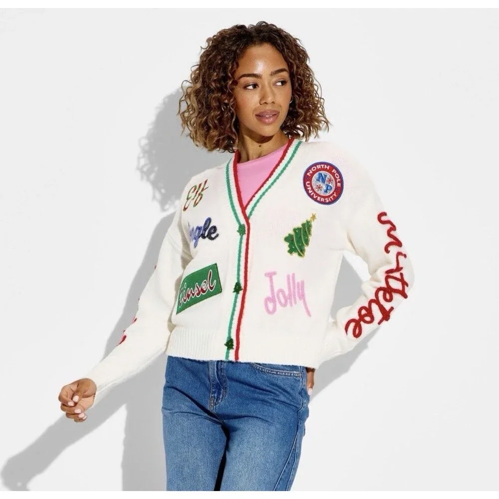 Women's Holiday Patchwork Festive Graphic Cardigan Size Medium RARE - Picture 1 of 6